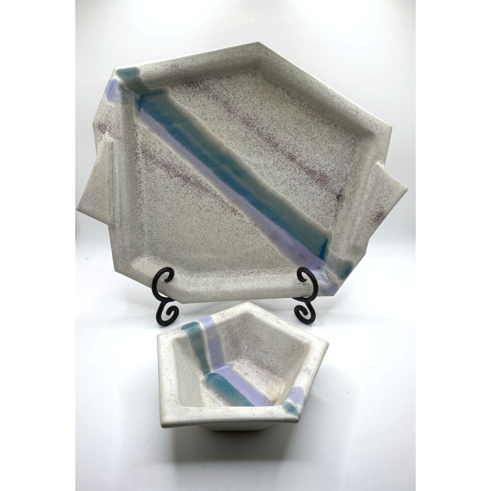 Studio Art Pottery Signed A. Day Mid Century Modern Abstract Tray and Dish